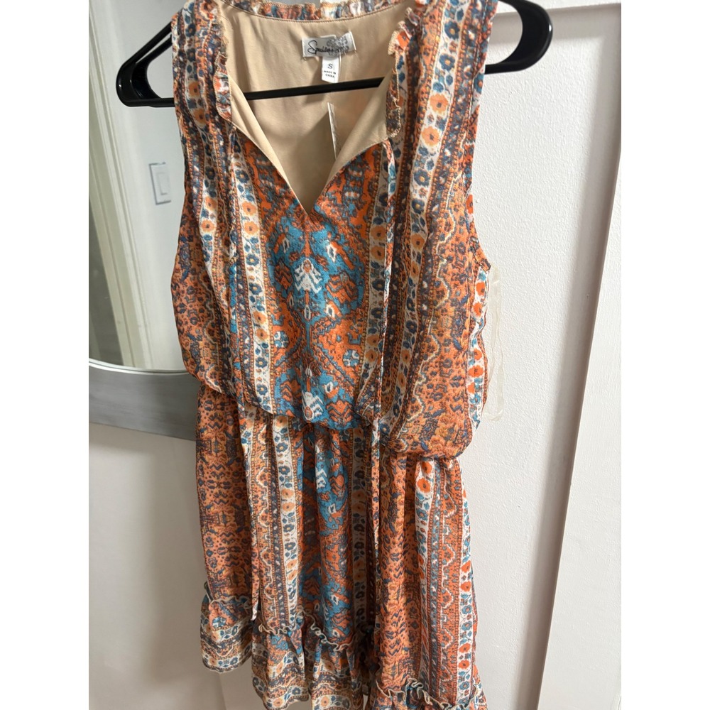 Speechless Boho Paisley Print Ruffle Mini Dress Orange Blue Sleeveless Small NWT